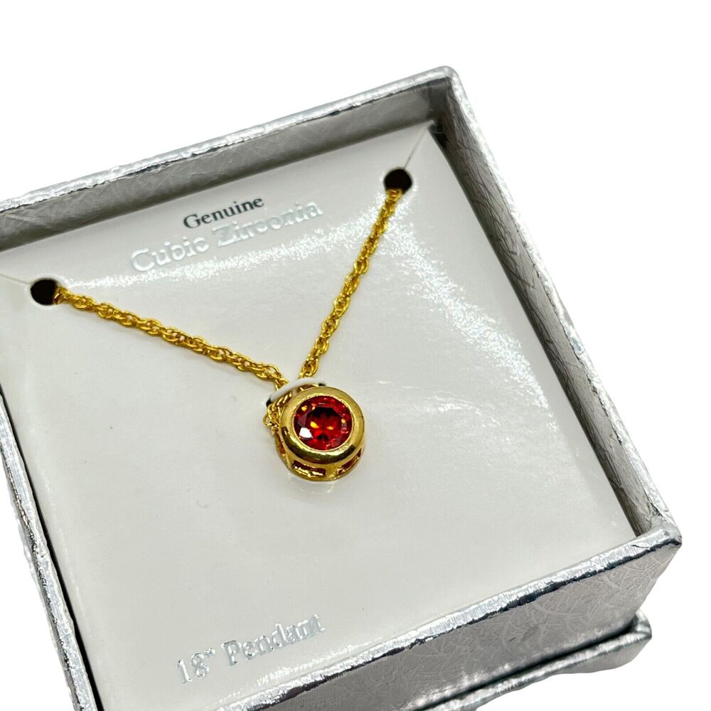 Cubic Zirconia Pendant Necklace 18" Womens Gold Tone Pink Coral Orange Genuine